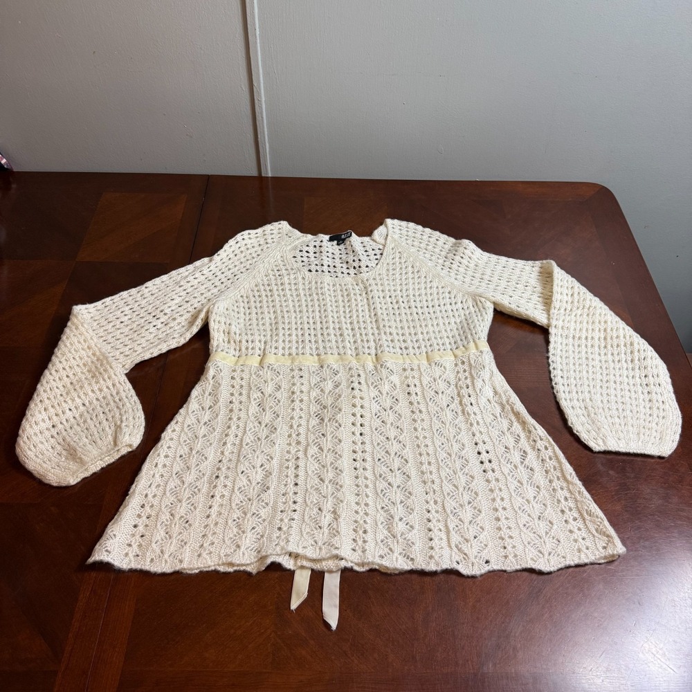 VTG a.n.a Crochet Knit Sweater XL Cream Ivory Ribbon Waist Romantic cottage core